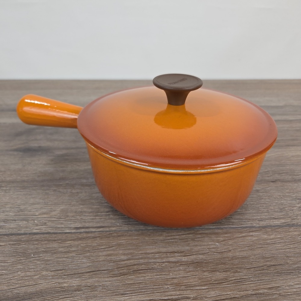 Vintage Cousances No. 18 Made in France Enamel Cast Iron Saucepan w/ Lid Orange